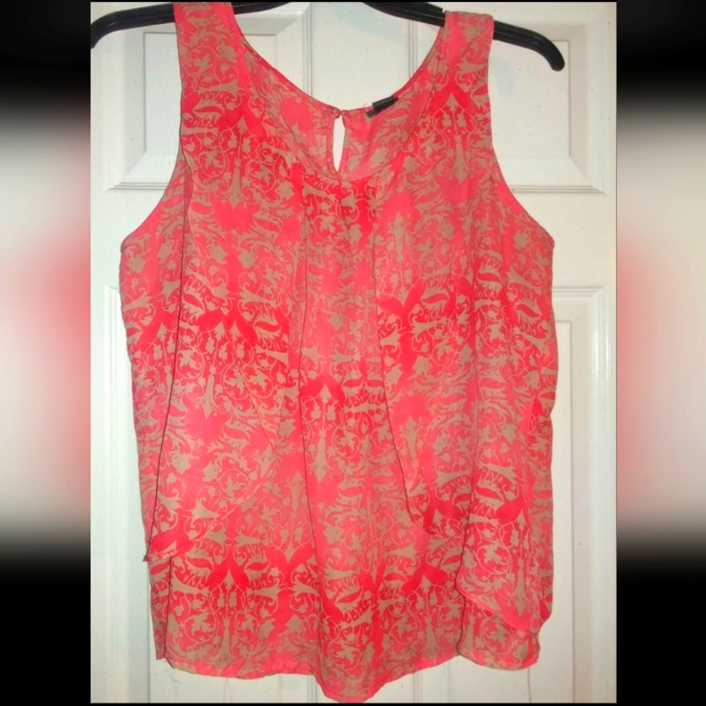 Covington Women's Sleeveless Blouse Coral Pink Damask Layered Front Scoop Neck
